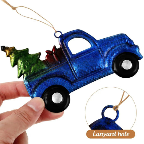 Blue Vintage Iron Christmas Truck Ornament For Christmas Tree, Rustic Farmhouse Style Hangable Pendant Decor, Small Vintage Pickup Ornament Hauling A Festive Tree Dope Holiday Decor shown with a lanyard hole.