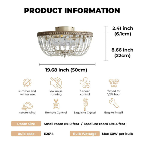 Flush mount crystal chandelier with 19.68 inch diameter, suitable for small to medium rooms, using E26 bulbs up to 60W each.