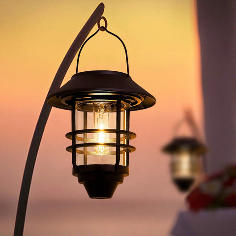 Outdoor Solar Lanterns With Hanging And Wall Mount Kit, Weatherproof Garden Porch Fence Lights, glowing at sunset