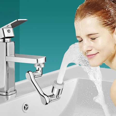 1080 Degree Swivel Faucet Extender Aerator with Universal Splash Filter in use, girl washing face in kitchen sink