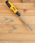 Yellow-handled screwdriver with three iron cotter pins from 20 Piece Fire Extinguisher Pin And Tamper Seal Replacement Kit