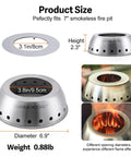 Diagram displaying the dimensions and features of the Smokeless 7 Inch Tabletop Fire Pit Cap With Second Combustion For Hotter Cleaner Fire Compatible With Solo Stove Mesa XL 7 Inch 201 Stainless Steel Outdoor Accessory.