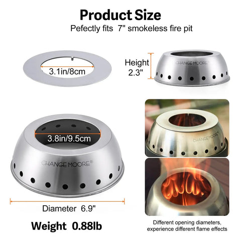 Diagram displaying the dimensions and features of the Smokeless 7 Inch Tabletop Fire Pit Cap With Second Combustion For Hotter Cleaner Fire Compatible With Solo Stove Mesa XL 7 Inch 201 Stainless Steel Outdoor Accessory.