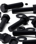 Ten Piece Black Nylon Hex Head Bolts M12 X 50Mm Plastic Fasteners Including Matched Nuts And Washers for electrical repairs, shown in various angles.