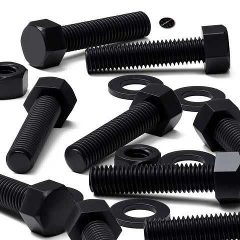 Ten Piece Black Nylon Hex Head Bolts M12 X 50Mm Plastic Fasteners Including Matched Nuts And Washers for electrical repairs, shown in various angles.