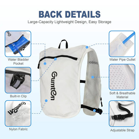 Back view of Hydration Running Vest for Men and Women with Adjustable Chest Straps, Lightweight Nylon Pack, Breathable Mesh Shoulders