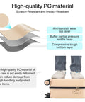 Illustration of Go To 16 Inch Underseat Carry On Luggage with durable layers and person standing on suitcase, highlighting strength and resilience.
