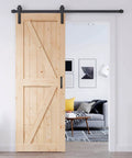 32 Inch By 80 Inch Sliding Barn Door With 5.5 Foot Hardware Kit And Handle Included Easy Install DIY Assembly For Your Home And Storage Spaces K Frame installed in a living room entrance, spruce wood material, K frame design.