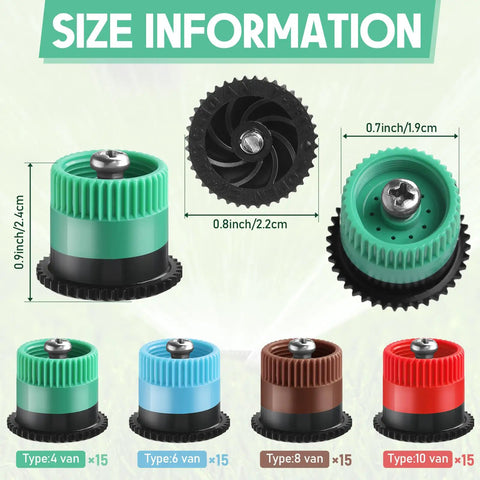 Heavy Duty Replacement Sprinkler Heads 60 Pack size information with adjustable rotary heads in various colors and sizes.