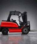 Heavy Gauge Mini Electric Forklift 2500 Lb Pallet Stacker in side view, featuring bright LED safety lights and a solid frame.