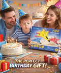Family celebrating birthday with F-22 Raptor Inspired RC Plane gift box, candles lit on cake, festive party hats and decorations