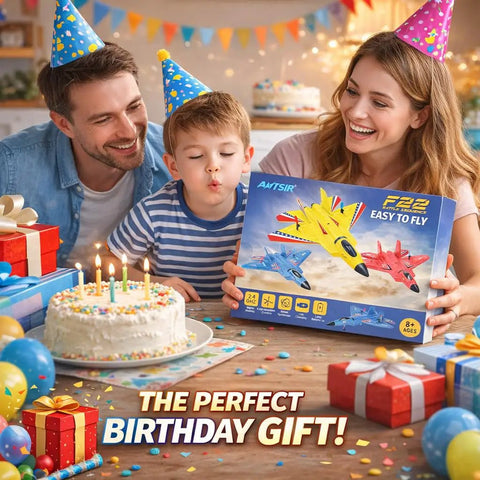 Family celebrating birthday with F-22 Raptor Inspired RC Plane gift box, candles lit on cake, festive party hats and decorations