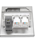 Recessed Floor Power Outlet Box With Snap Open Lift Cover, Tough Steel Housing For No Sweat Cord Access And Smooth Glide Action, complete top view of stainless steel outlet box with connectors.