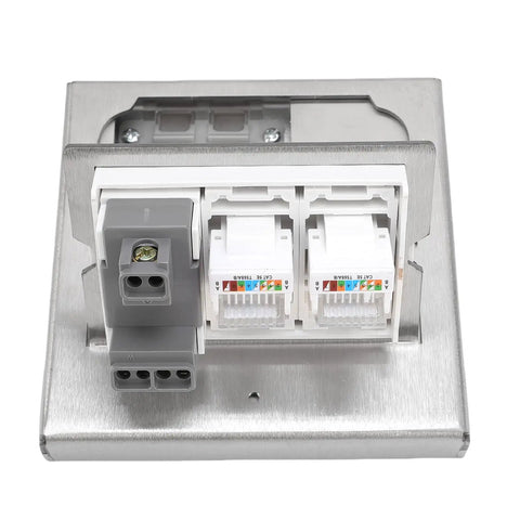 Recessed Floor Power Outlet Box With Snap Open Lift Cover, Tough Steel Housing For No Sweat Cord Access And Smooth Glide Action, complete top view of stainless steel outlet box with connectors.