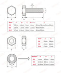 Detailed diagrams showing dimensions of 176 Piece Heavy Duty Bolts and Nuts Set in 304 Stainless Steel M6 M8 M10 for DIYers and Auto Pros