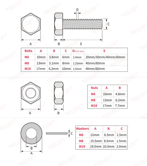Detailed diagrams showing dimensions of 176 Piece Heavy Duty Bolts and Nuts Set in 304 Stainless Steel M6 M8 M10 for DIYers and Auto Pros