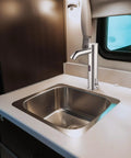 Touchless Bathroom Sink Faucet With Motion Activated Sensor, Hands Free Water Flow For Hygienic Use, Hot And Cold, Undermount Chrome Finish, Easy Install, NSF CUPC CEC Certified, Modern Look installed in modern bathroom.