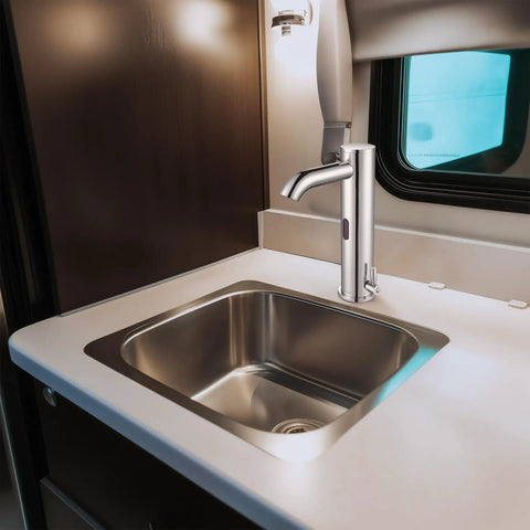 Touchless Bathroom Sink Faucet With Motion Activated Sensor, Hands Free Water Flow For Hygienic Use, Hot And Cold, Undermount Chrome Finish, Easy Install, NSF CUPC CEC Certified, Modern Look installed in modern bathroom.