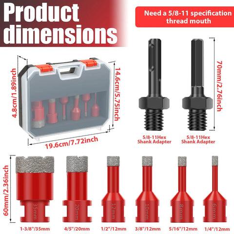 Ultra Durable 8-Piece Diamond Hole Saw Kit With Hex And SDS Adapters For Dry Or Wet Cutting Tile Granite Marble Glass Stone 1/4 To 1-3/8 Inch. Product dimensions and adapters shown