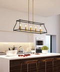 Industrial 5-Light Linear Pendant Light For Kitchen Island And Farmhouse Dining Room, Black Metal Fixture hanging over kitchen island