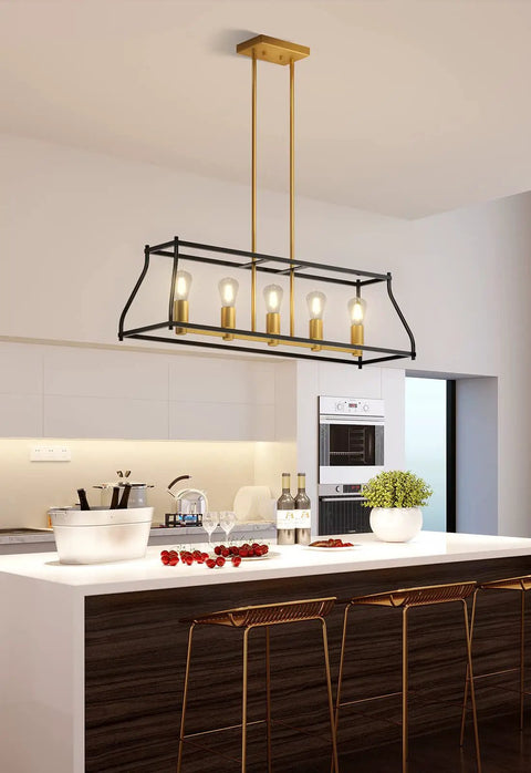 Industrial 5-Light Linear Pendant Light For Kitchen Island And Farmhouse Dining Room, Black Metal Fixture hanging over kitchen island