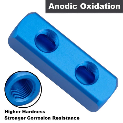 Blue anodic oxidation aluminum inline block showing two NPT quarter inch ports for All In One Multi Port Air Manifold For Compressors.