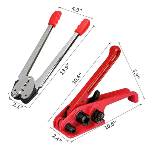 Pallet Strapping Kit With Tensioner And Sealer, 1/2 Inch By 330 Feet Hand Banding Tool, Parcel Packing Machine Kit, Includes 50 Metal Seals, Easy To Use And Lightweight For Moving Heavy Duty Jobs, with tensioner and sealer sizes shown