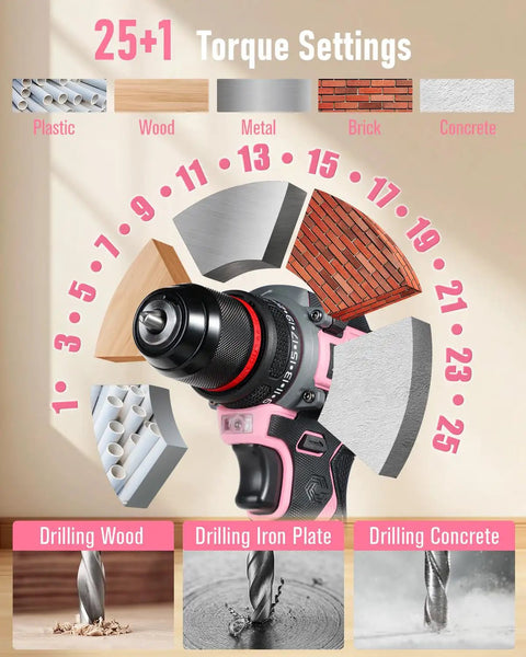 Brushless 20V Cordless Drill Driver Kit With 2.0Ah Battery And Charger, pink drill displaying 25+1 torque settings for various materials