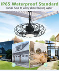 20 Inch Black Outdoor Ceiling Fan With Light And Remote App Control Three Color Temperatures Six Speed Options IP65 Waterproof Gazebo Hanging Fan For Patio Porch Garage Canopy installed in outdoor setting.