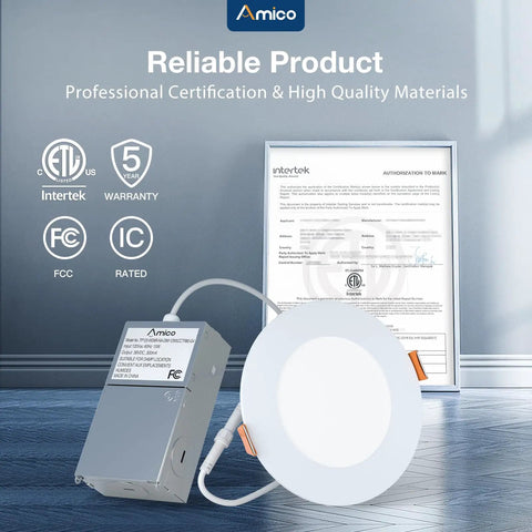 Sixteen Pack 6 Inch Ultra Thin LED Recessed Ceiling Light With Junction Box 6000K displayed with certifications and warranty.