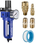 Half Inch NPT Air Filter Regulator Combo With Zinc Alloy Body, includes brass elements and fittings, blue design, gauge displayed