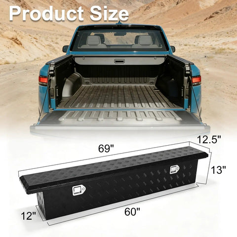 69 Inch Heavy Duty Crossover Aluminum Truck Toolbox With Rust Proof Secure Slam Latch Pickup Bed Storage Chest For Contractors Built To Thrash Real Deal Cargo Organizer dimensions displayed over truck bed.
