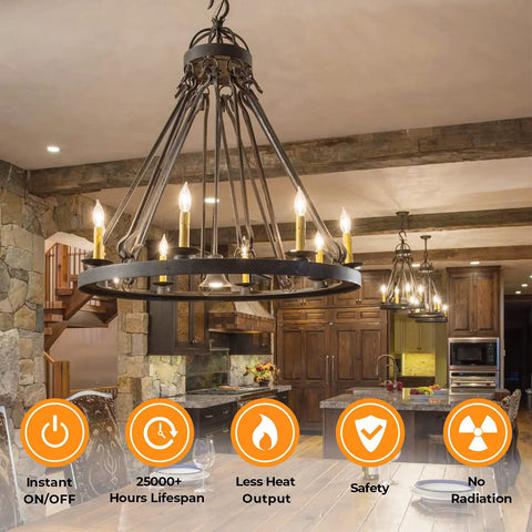 Fully Dimmable E12 Candelabra LED Bulbs 60W Incandescent Equivalent 2700K Warm White Clear Filament in chandelier over dining table