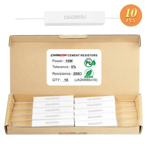 10 Pack 10W Ceramic Cement Resistors 200 Ohm Wirewound With 5 Percent Tolerance for DIYers and Hobbyists in open box view