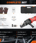 1100 Watt Cordless Rebar Cutter For 5/8 Inch Steel Bars Fast Hydraulic Cutting Up To 16Mm with gloves, wrenches, case, and manual.