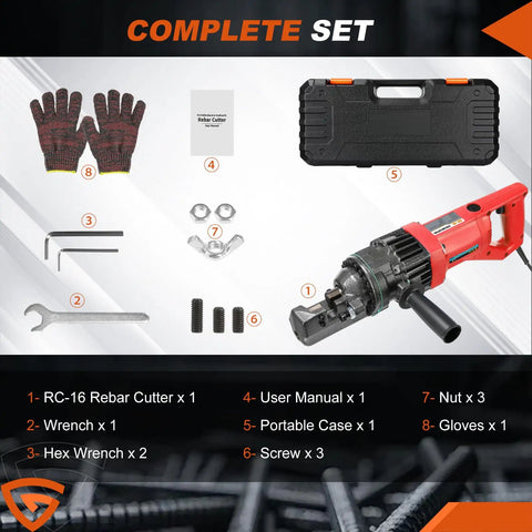 1100 Watt Cordless Rebar Cutter For 5/8 Inch Steel Bars Fast Hydraulic Cutting Up To 16Mm with gloves, wrenches, case, and manual.