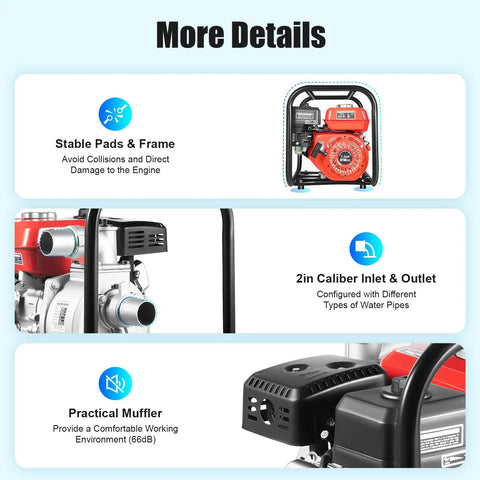 Beastly Performance 2 Inch Gas Powered Water Transfer Pump With A Legit 7.5 HP Engine And 212 CC Four Stroke Motor stable pads and frame for stability.