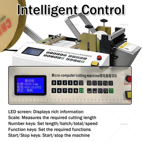 Microcomputer control panel for High Precision Automatic Heat Shrink Tube Cutter, showing LED screen and function keys.