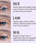 Steps to apply Eternal Bond Black Lash Glue With Crystal Coat Sealant for all-day lash wear, featuring eye application process.