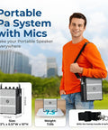 Man holding portable 100W All In One Voice Amplifier With Two Wireless Microphones, size 7.72"L x 5.12"W x 10"H, outdoor setting.