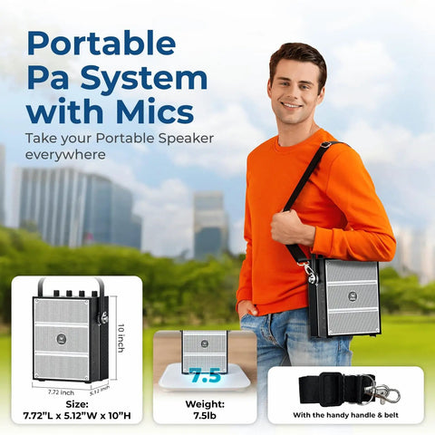 Man holding portable 100W All In One Voice Amplifier With Two Wireless Microphones, size 7.72"L x 5.12"W x 10"H, outdoor setting.