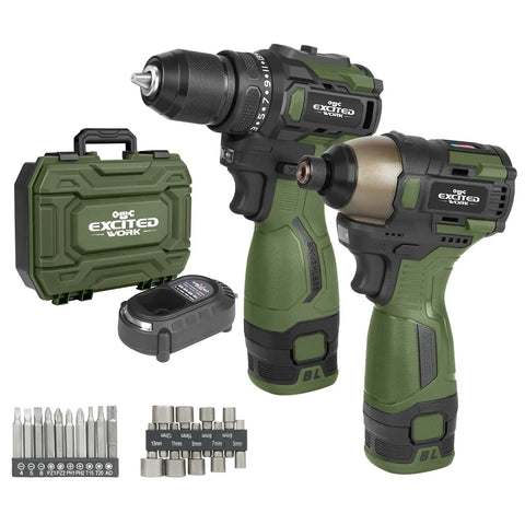 17V Brushless Cordless Screwdriver Drill Set with 140Nm impact driver, 55Nm drill, 3 speed modes, two batteries, LED work light.