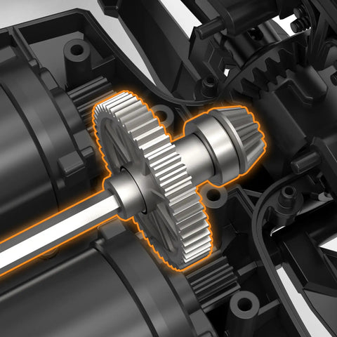 Close-up of Beefed Up RC 9125 Steel Differential Gears And Aluminum Main Drive Set showing gears installed in RC truck.