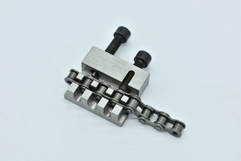 Chain Breaker And Press Tool For 415 428 420 41 40 Chains, steel construction, shows precise CNC pilot groove with chain inserted.