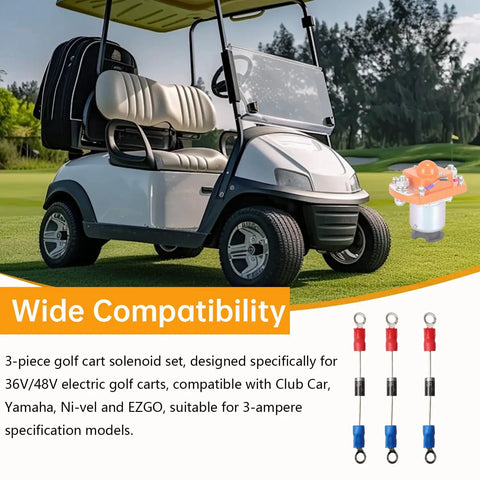 Three Pack 3 Amp Golf Cart Solenoid Resistor Precharge Unit For 36 Volt 48V Electric Carts with golf cart on green grass.