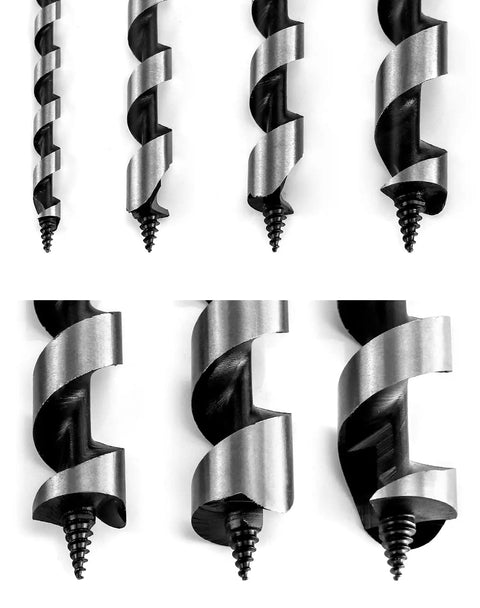 Heavy Duty 7 Piece Auger Drill Bit Set Featuring 9 Inch Hardened Alloy Steel Construction with spiral cutting edges.