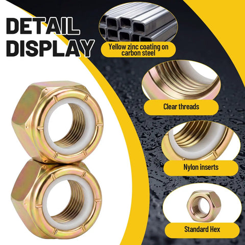 100 Pack 5/8 11 Grade 8 Lock Nuts Nylon Insert Heavy Duty Hardware Bulk Set Detail display showing yellow zinc coating and clear threads.