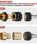 WOJET pressure washer adapter set with brass M22 adapters and quick-connect fittings; new vs old design comparison.