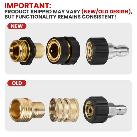 WOJET pressure washer adapter set with brass M22 adapters and quick-connect fittings; new vs old design comparison.