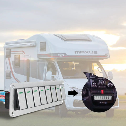 Eight Gang Aluminum Rocker Switch Panel For 12V And 24V Systems in front of RV showcasing installation location